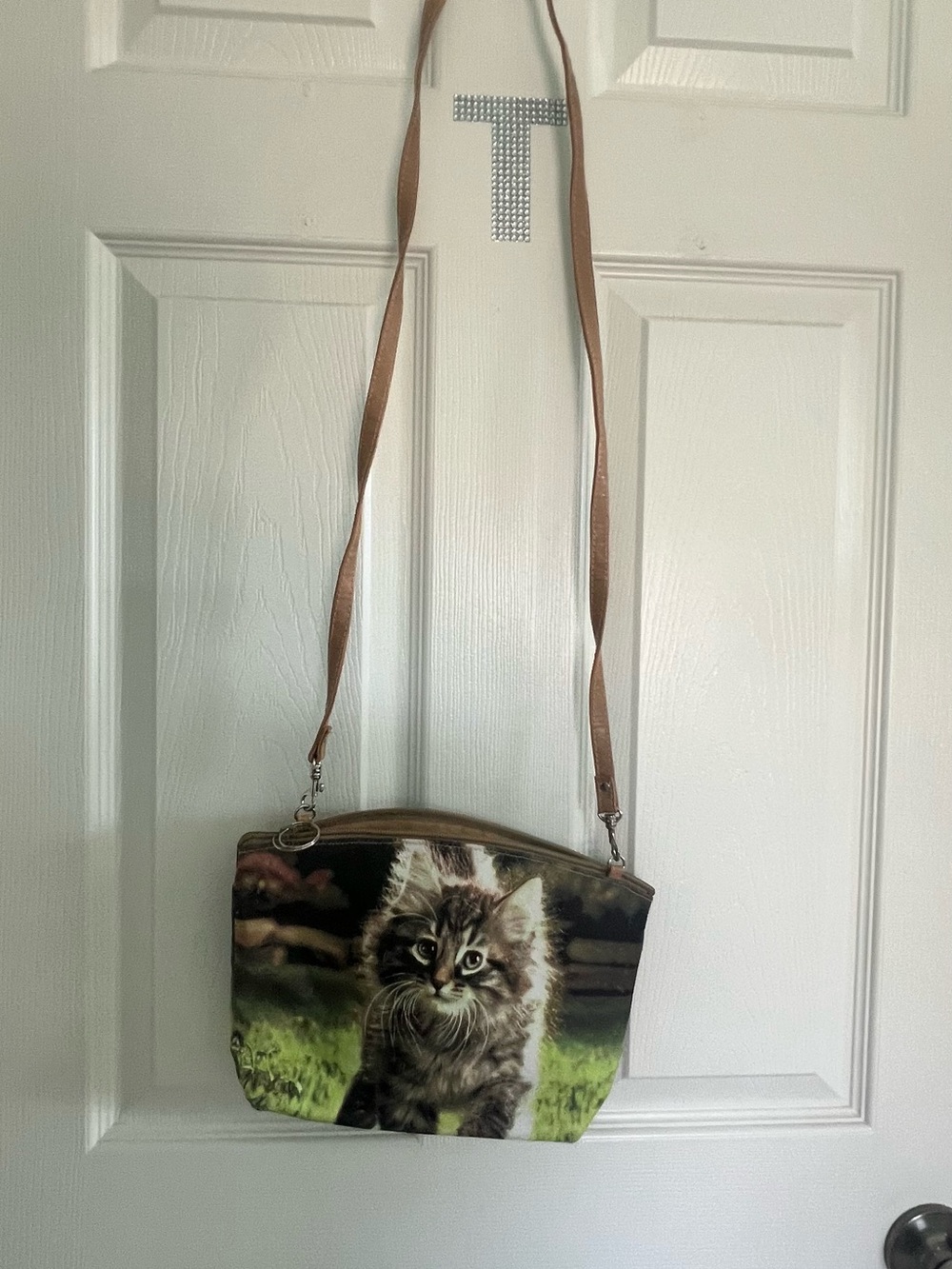 Cat Print Crossbody Bag in Brown and Green